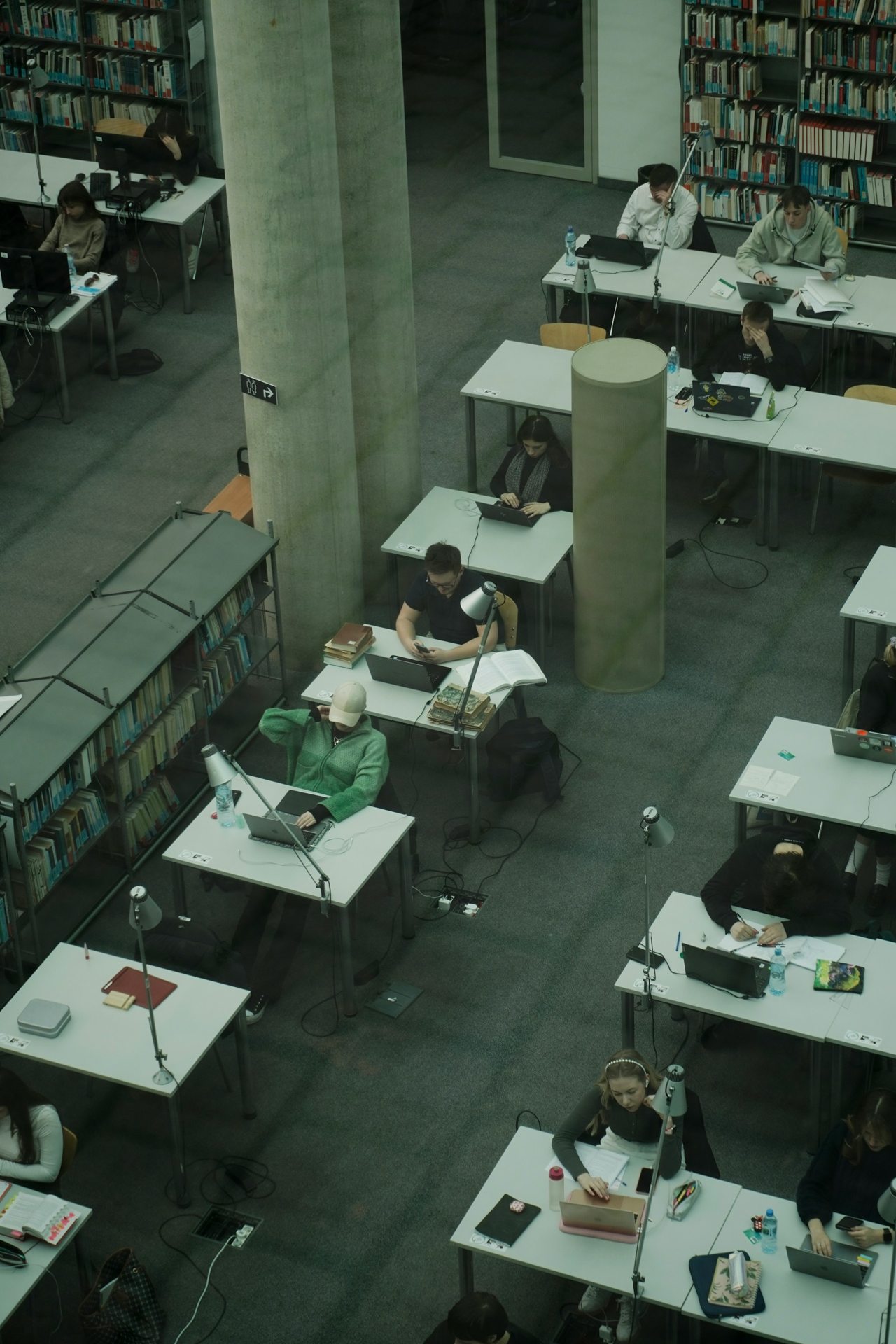 People studying and using computers in a public library.