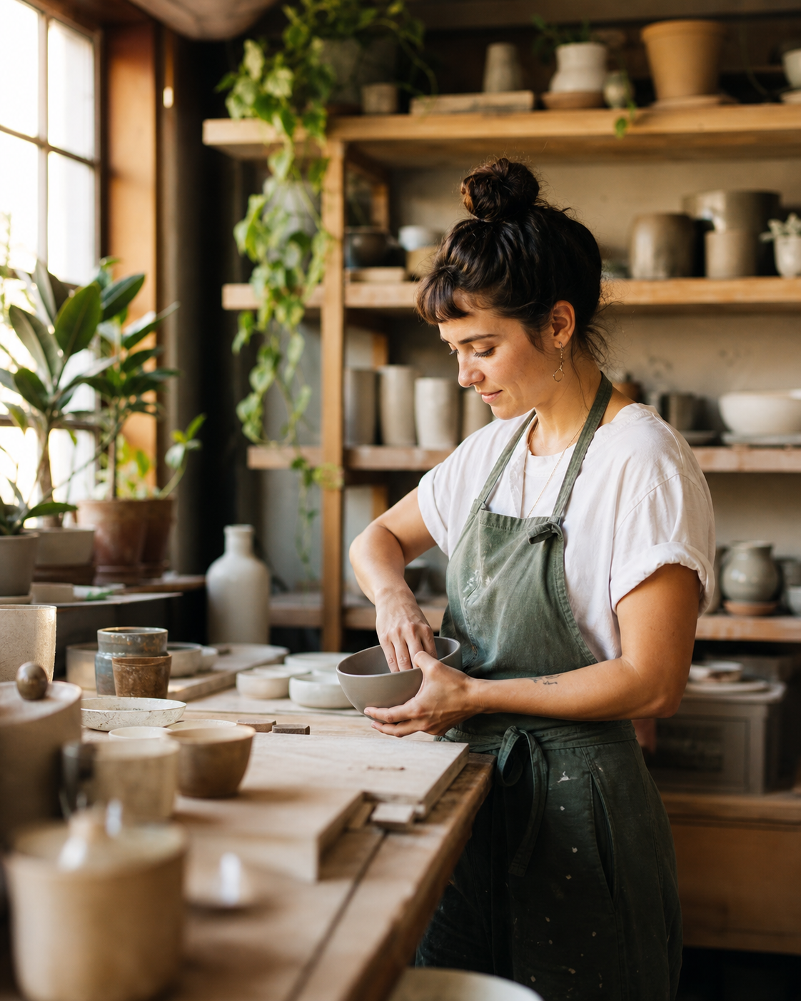 A ceramic artist focused on her work in a sunlit studio